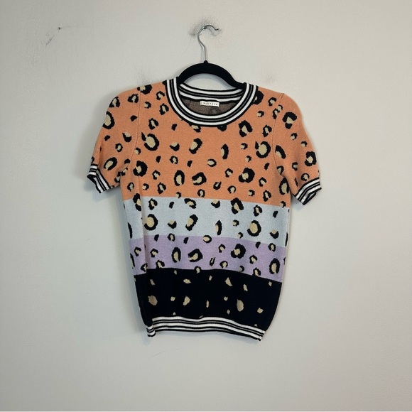 Baevely | Multicolor Color Block Leopard Print Short Sleeve Sweater - Picture 1 of 4